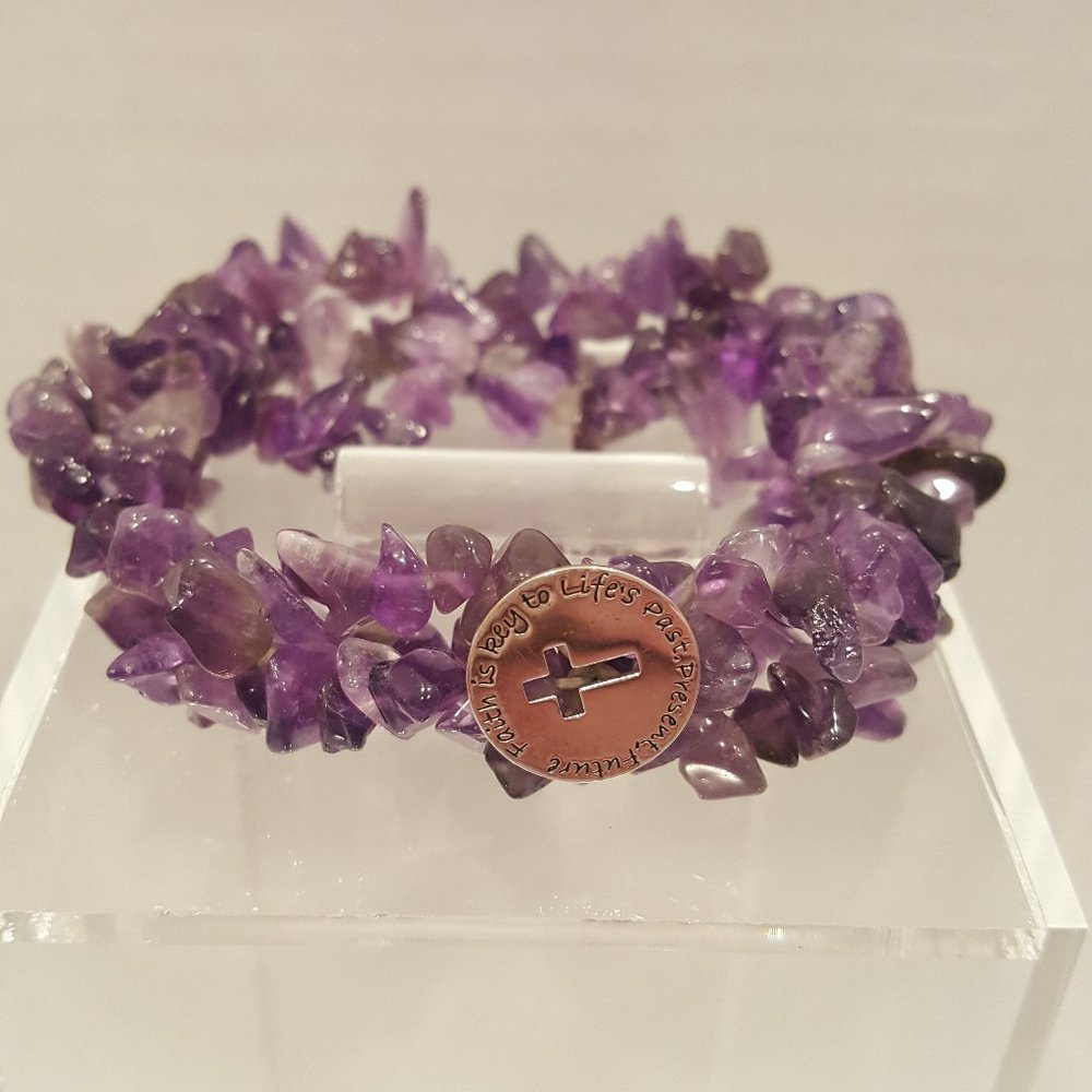 Amethyst Stretch Bracelet Sterling Faith Cross Heavy "Faith is Key"